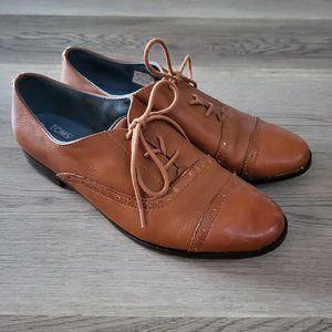 TOMS Leather Oxford Lace-Up Flat Shoe Mocha Brown Sz 9 Academia Preppy
